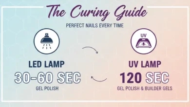 How Long to Cure DND Gel Polish? Quick Pro Results 14 Infographic showing how long to cure DND gel polish with LED and UV lamps, including base and top coat gel details.