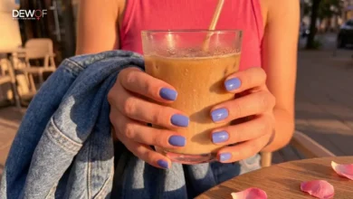 Periwinkle Nail Polish - Top Colors You Must Try Now 18 Woman wearing glossy periwinkle nail polish holding an iced coffee in golden hour sunlight.