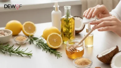 How to Do Manicure at Home with Home Ingredients? 1 Natural beauty setup showing how to do a manicure at home with home ingredients like honey, lemon, and oils for healthy nails.