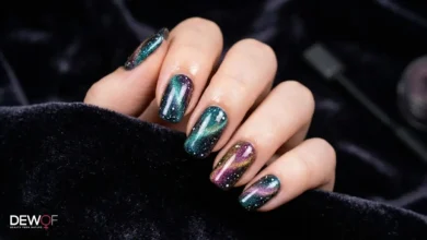 Best Magnetic Gel Polish Designs: From Cat-Eye to Velvet Nails 4 Stunning colorful nail samples showing the potential of the best magnetic gel polish designs using diverse tools.
